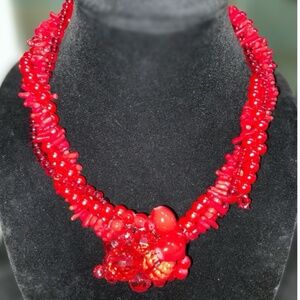 Artisan Red Coral & Glass Statement Necklace – 4-Strand Vintage Materials